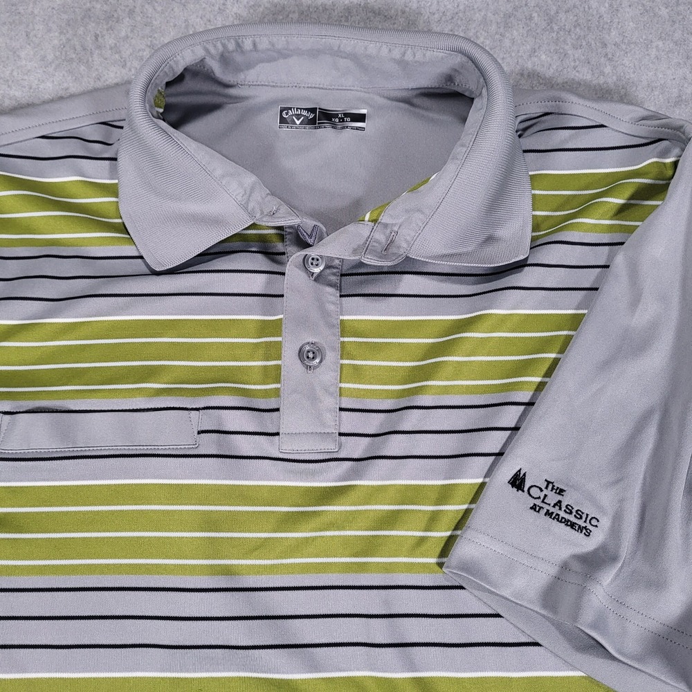 Callaway Short‎ Sleeve Golf Polo Mens XL Gray Green Stripe Golf Course Logo